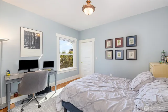 a bedroom with a workspace