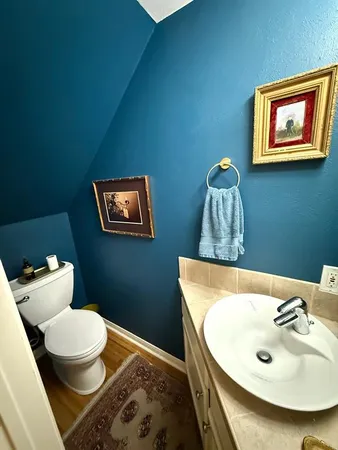 a bathroom with a toilet sink and mirror