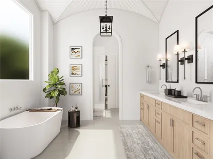 a spacious bathroom with a double vanity sink a large mirror a bathtub and a shower