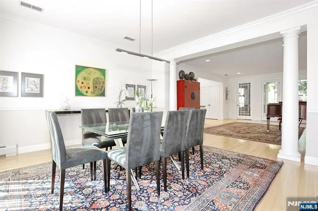 a view of a dining room with furniture