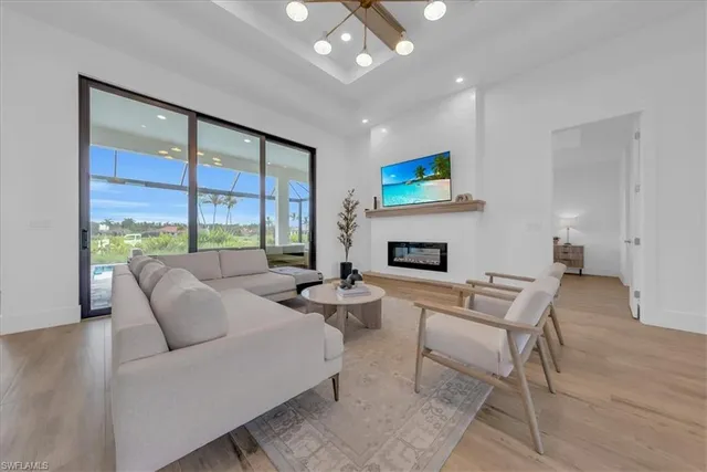 a living room with furniture fireplace and a large window