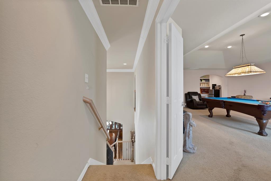 1014 Ricci Court Irving, TX 75062 - Photo 17 of 30 Rec room with carpet, arched walkways, pool table, recessed lighting, and ornamental molding