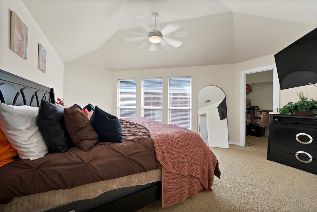1014 Ricci Court Irving, TX 75062 - Photo 24 of 30 Bedroom featuring carpet, vaulted ceiling, a spacious closet, and a ceiling fan