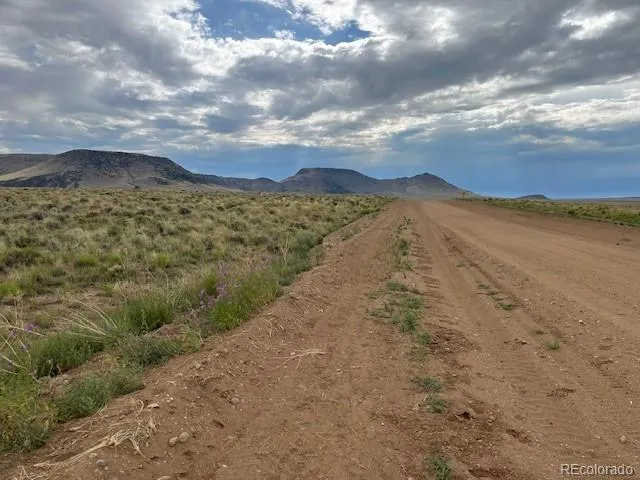 a view of a dry yard with mountains in the background