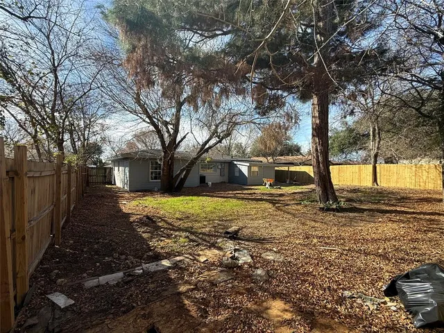 a view of a yard with plants and trees