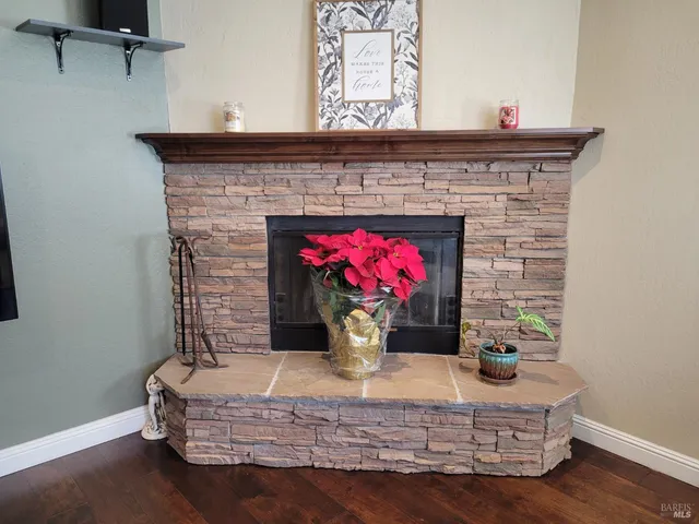 a living room with fireplace furniture and a potted plant