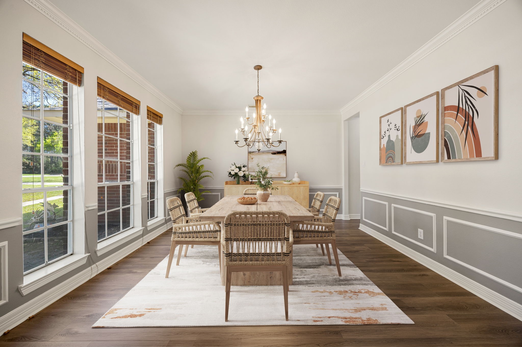 14419 Timbergreen Drive Magnolia, TX 77355 - Photo 11 of 43 Beautiful formal dining room with oversized windows, elegant lighting, and detailed trim work, offering the perfect setting for entertaining guests and enjoying memorable meals. *virtually staged*