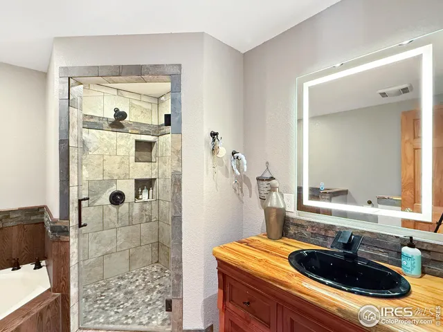a bathroom with a sink a mirror and shower