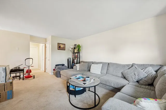 a living room with furniture a rug and a chandelier