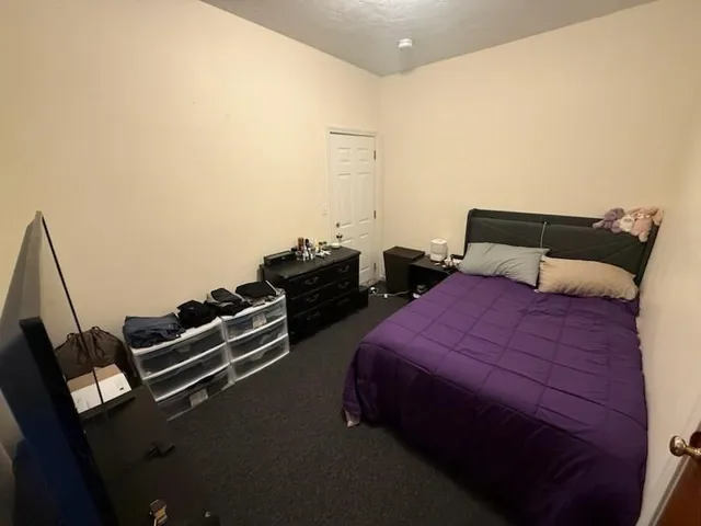 a bedroom with two beds and a desk