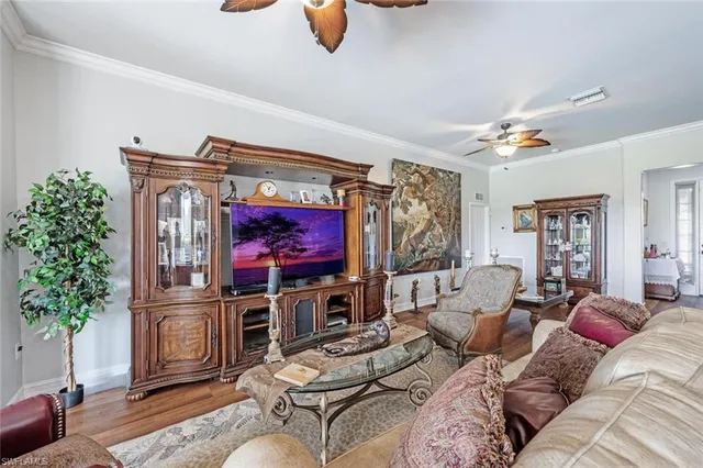 a living room with furniture a flat screen tv and a potted plant
