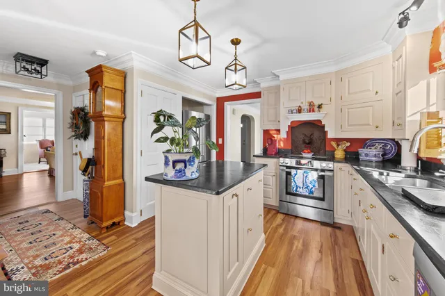 a kitchen with stainless steel appliances granite countertop a refrigerator a stove top oven a sink dishwasher and white cabinets with wooden floor