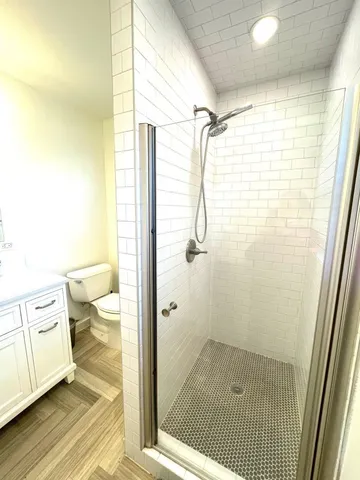 a bathroom with a shower and toilet