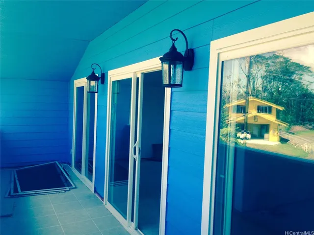 a view of a yard with plants and a bench