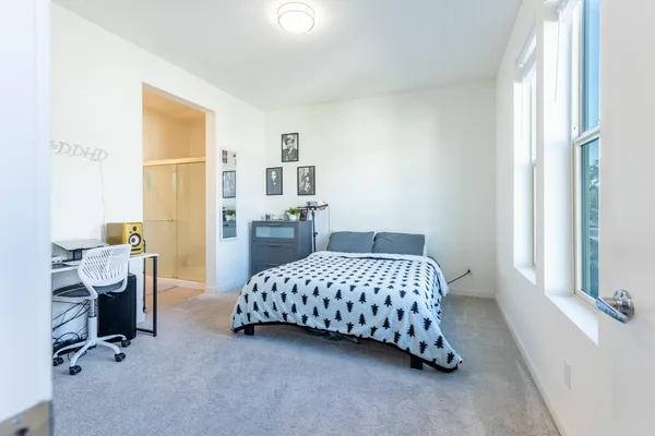 a bedroom with a bed and a cabinets