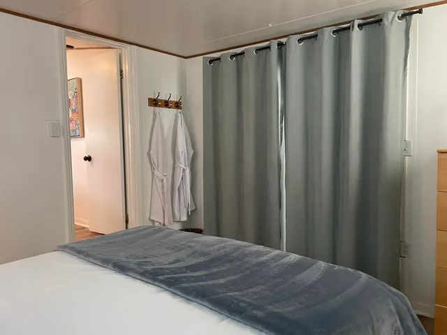 a bedroom with a bed and a shower curtain