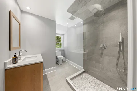 a bathroom with a sink a toilet and shower