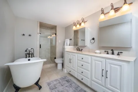 a bathroom with a double vanity sink mirror and toilet