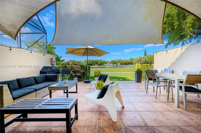 an outdoor space with seating