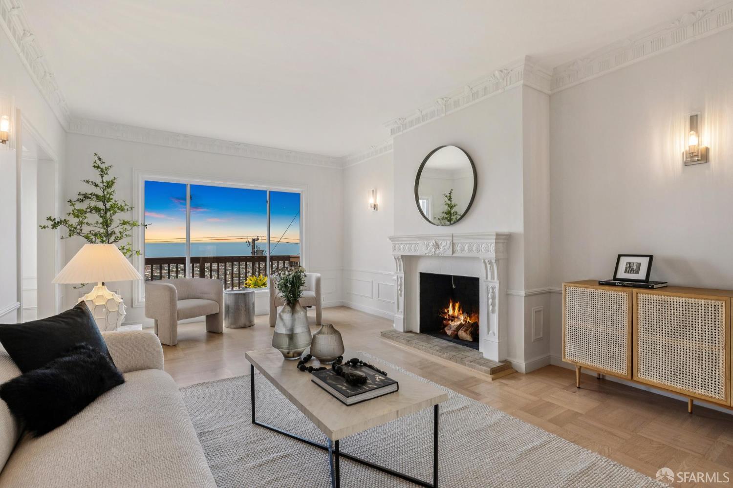 1867 15th Avenue San Francisco, CA 94122 - Photo 68 of 75 a living room with furniture a fireplace and a floor to ceiling window
