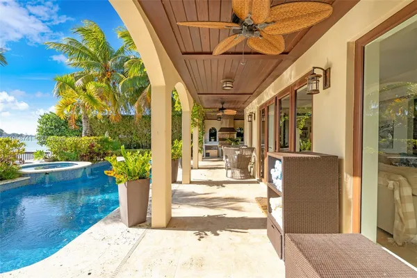 a view of a porch with seating space