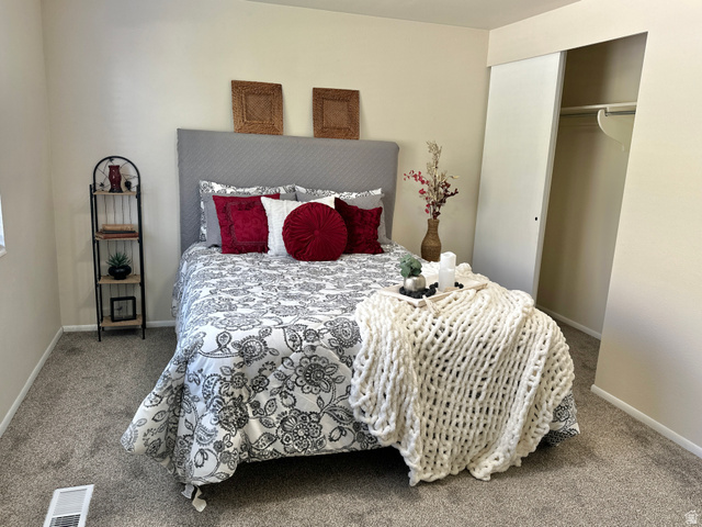 624 East Cutler Springville, UT 84663 - Photo 19 of 24 Bedroom #3 featuring plush carpet flooring, neutral painted walls, a sliding closet door, a built-in closet rod, and mountain views