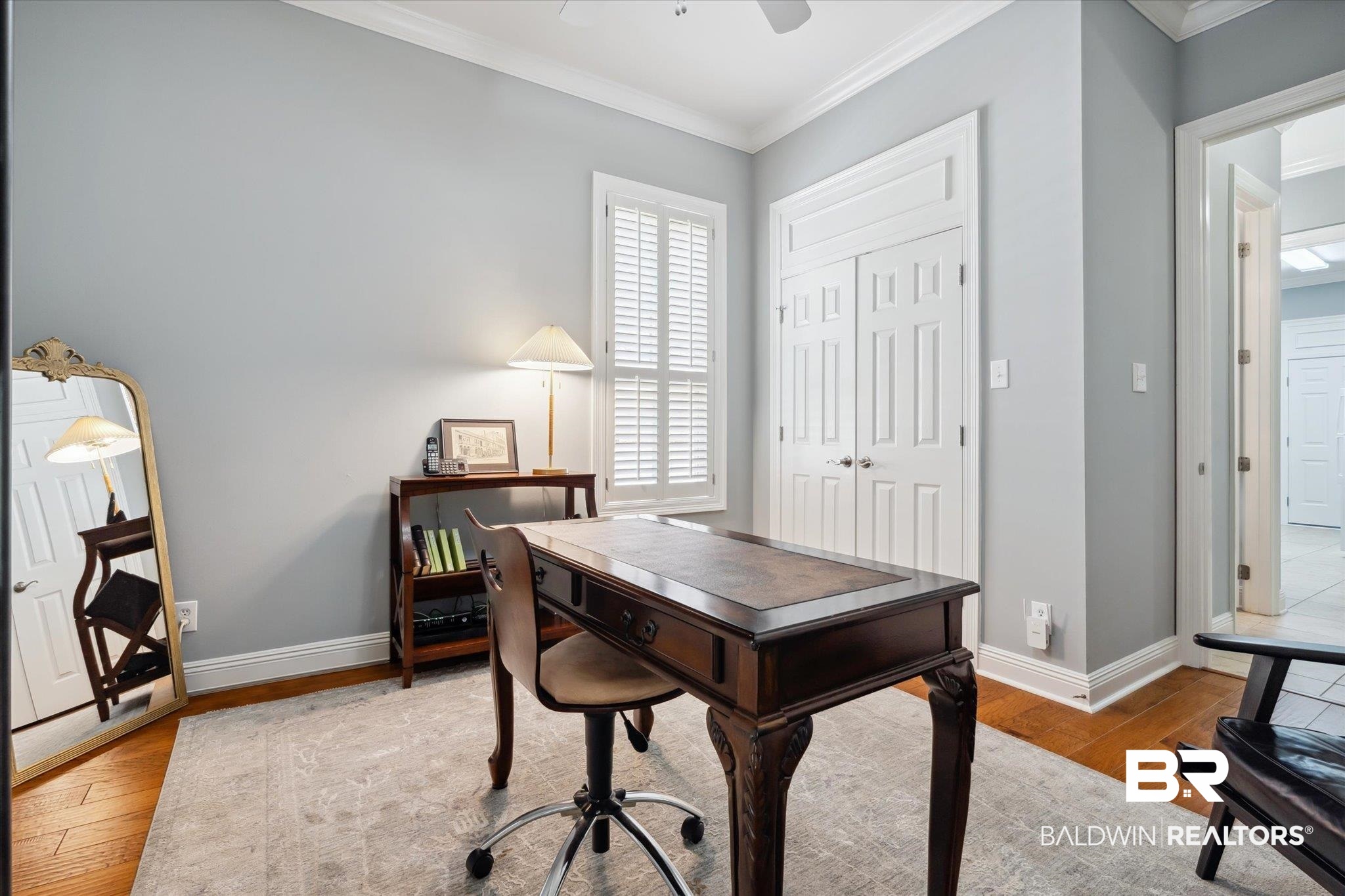 804 Country Club Road Mobile, AL 36609 - Photo 25 of 63 Office space featuring ceiling fan, wood-type flooring, and ornamental molding