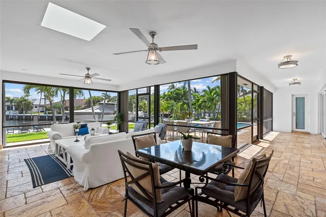 a dining room with furniture window and outside view