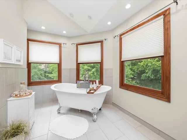 a living room with large window