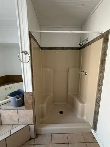 a bathroom with a shower and a sink