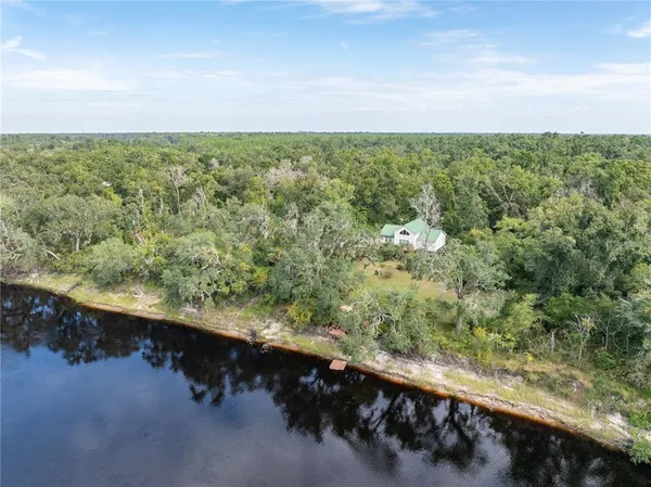 a view of a lake with large trees