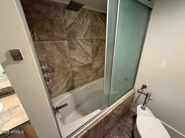 a bathroom with a shower and toilet
