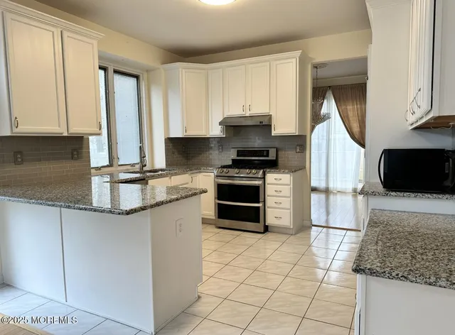 a kitchen with stainless steel appliances granite countertop a stove a sink and a microwave