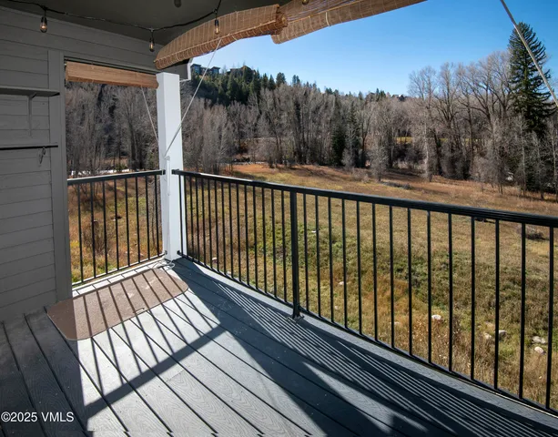 a view of balcony with wooden floor