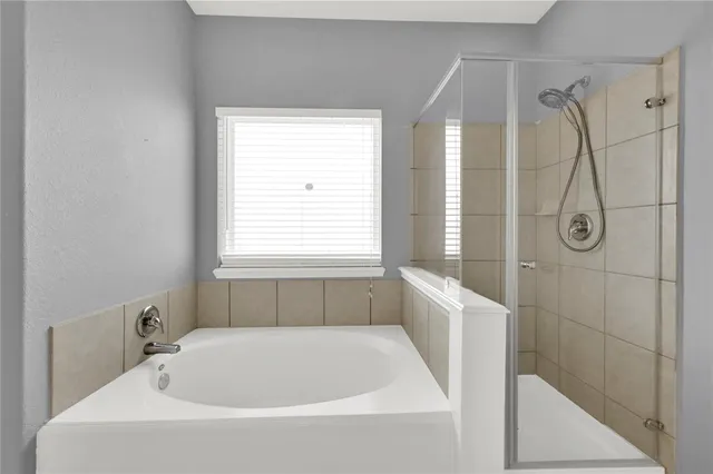 a bathroom with a bathtub and shower