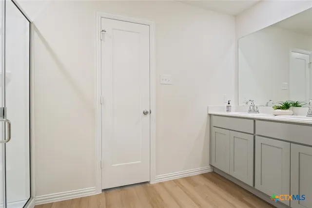 a bathroom with a sink and a mirror