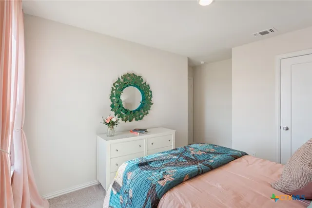 a bedroom with a bed and cabinets