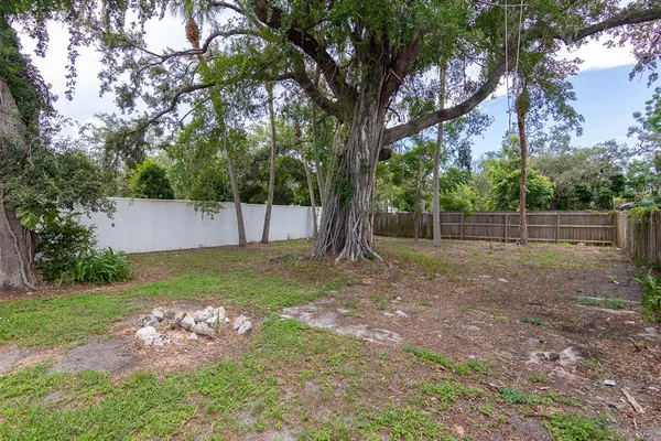 a view of a house with large trees and a tree