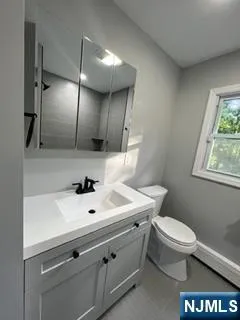 a bathroom with a sink mirror vanity and toilet