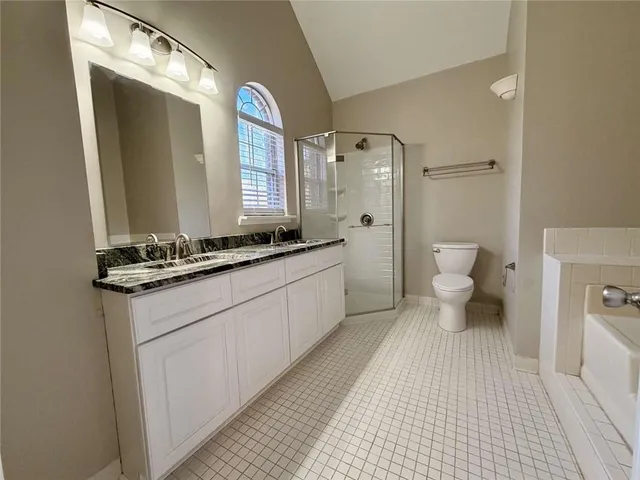 a bathroom with a double vanity sink toilet and shower