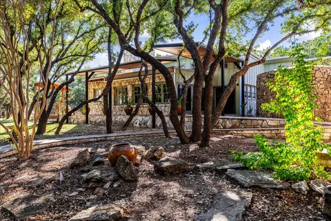 a view of a yard with plants and trees