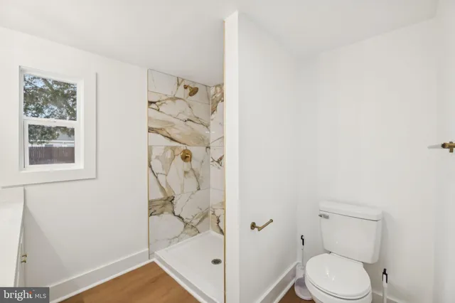 a bathroom with a shower and toilet