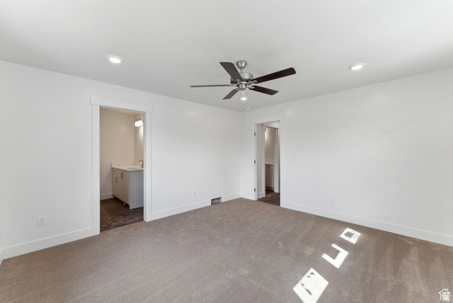 1619 North Angel Street West Layton, UT 84041 - Photo 6 of 32 Unfurnished bedroom with carpet floors, ceiling fan, ensuite bathroom, and recessed lighting