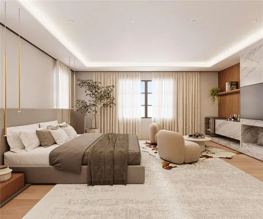 a bedroom with a bed and couch with window