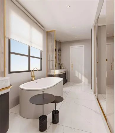 a spacious bathroom with a sink double vanity and a mirror