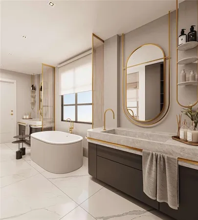 a spacious bathroom with a double vanity sink a mirror and a bathtub