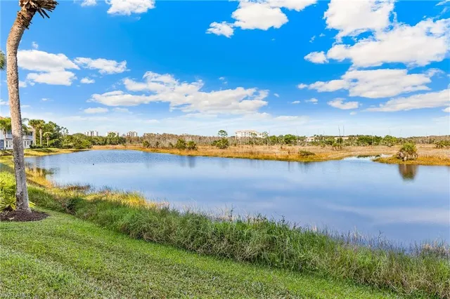 a view of a lake with houses in the back