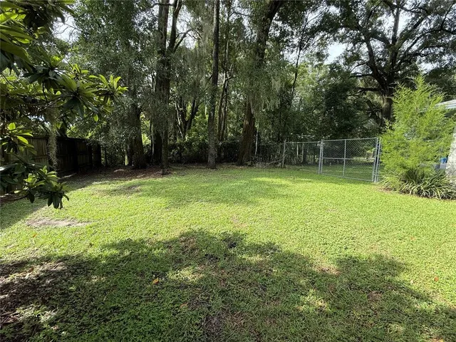 a backyard of a house with lots of plants and large tree