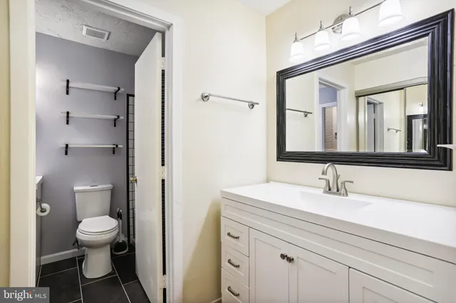 a bathroom with a toilet a sink and mirror