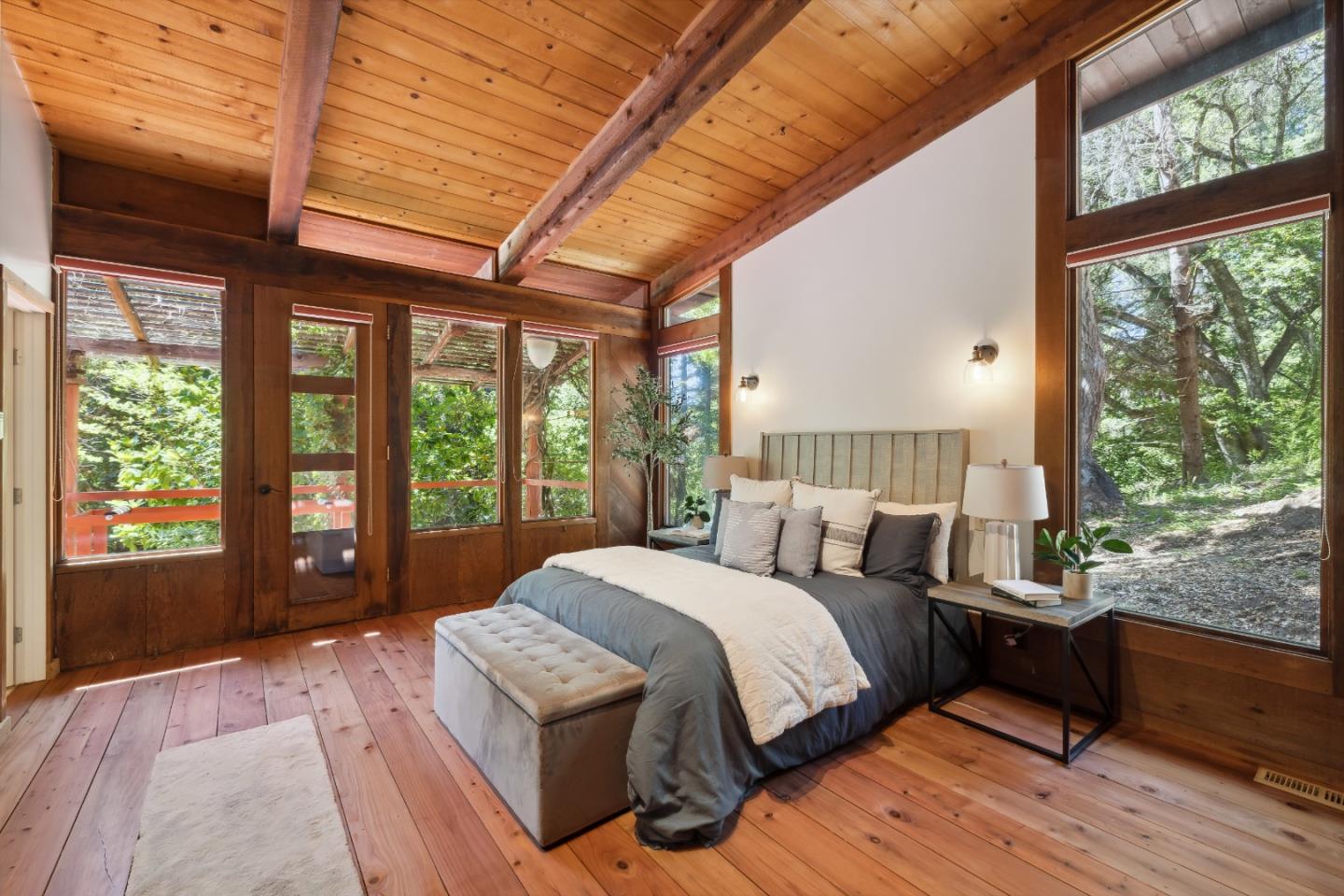 10845 Vineland Road Ben Lomond, CA 95005 - Photo 11 of 77 a bedroom with a large bed and a large window